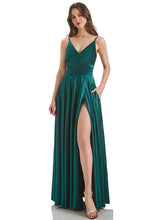 Emerald A-Line V-Neck Long Bridesmaid Dress With Slit