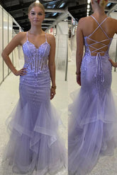 Lilac Mermaid Spaghetti Straps Ruffles Long Prom Dress with Appliques