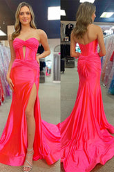 Hot Pink Mermaid Strapless Keyhole Satin Long Prom Dress with Slit