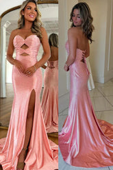 Pink Mermaid Strapless Beaded Prom Dress with Slit