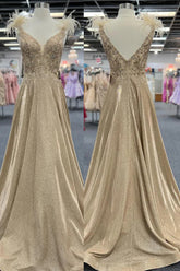 Champagne A-Line Glitter Feathers Pleated Long Prom Dress with Appliques