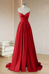 Red A Line Strapless Corset Sequin Long Prom Dress with Slit
