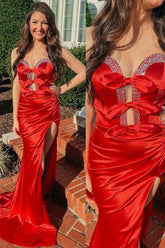 Red Mermaid Strapless Bow Pleated Long Prom Dress with Slit