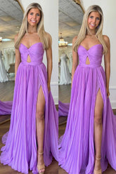 Lilac A Line Pleated Strapless Prom Dress with Slit