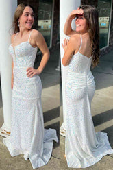 White Mermaid Spaghetti Straps Plunging Neck Sequins Long Prom Dress