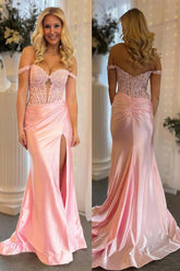 Light Pink Mermaid Off the Shoulder Appliqued Long Prom Dress with Slit