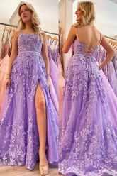 Lavender A-Line Spaghetti Straps Lace Appliques Prom Dress with Slit