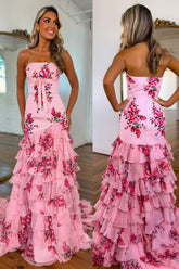 Pink Mermaid Strapless Tiered Long Prom Dress with Ruffle