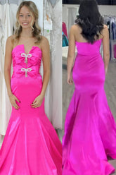 Pink Mermaid Strapless Satin Pleated Long Prom Dress with Bows
