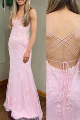 Pink Mermaid Spaghetti Straps V-Neck Sleeveless Long Prom Dress with Appliques