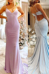 Light Blue Mermaid Spaghetti Straps Tie Back Long Prom Dress