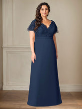 Dark Navy A-Line V-Neck Lace Chiffon Mother of the Bride Dress
