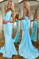 Light Blue Mermaid Deep V Neck Halter Backless Prom Dress