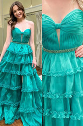 Peacock A-Line Strapless Keyhole Tiered Long Prom Dress with Slit