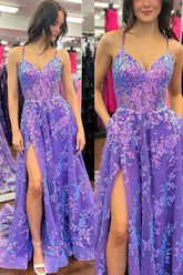 Purple A Line Spaghetti Straps V-Neck Lace Appliques Prom Dress with Slit