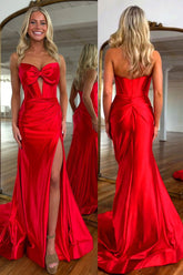 Red Mermaid Strapless Bowknot Long Prom Dress with Slit
