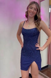 Navy Mermaid Sequins Lace-Up Tight Short Homecoming Dress
