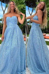 Sparkly Blue A-Line Strapless Sweetheart Sequins Long Prom Dress