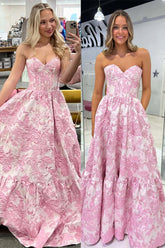Pink A Line Floral Strapless Sweetheart Long Prom Dress