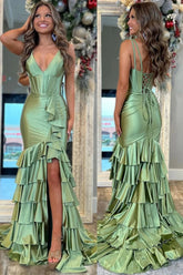 Green Mermaid Satin Tiered Long Prom Dress with Slit