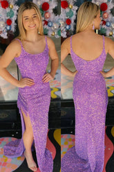 Sparkly Purple Mermaid Sequined Long Prom Dress with Slit