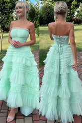 Mint Green A-Line Strapless Scoop Neck Tiered Tulle Prom Dress