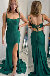 Sparkly Green Mermaid Spaghetti Straps Long Prom Dress with Slit