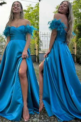 Blue A-Line Off The Shoulder Sweetheart Satin Long Prom Dress with Feather