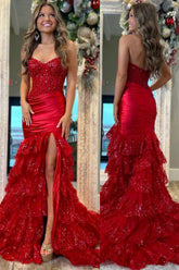 Red Mermaid Strapless Pleated Tiered Long Prom Dress with Slit