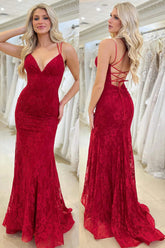 Red Mermaid Spaghetti Straps V Neck Lace Long Prom Dress