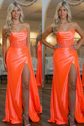 Orange Mermaid Strapless Sheer Bodice Prom Dres with Slit