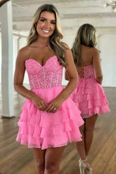 A Line Pink Corset Strapless with Ruffles Homecoming Dress To Impress