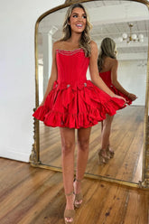 A Line Strapless Red Corset Short Homecoming Dress To Impress