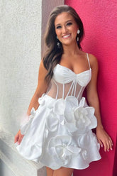 A Line White Corset Short Homecoming Dress With 3D Flowers