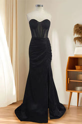 Black Mermaid Strapless Long Prom Dress with Slit