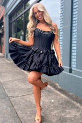 Black A-Line Strapless Short Satin Homecoming Dress With Bowknot