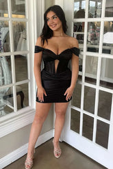 Black Corset Satin Off the Shoulder Short Homecoming Dress