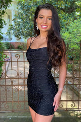 Black Lace Up Mermaid Spaghetti Straps Tight Homecoming Dress