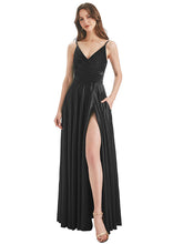 Black A-Line V-Neck Spaghetti Strap Long Bridesmaid Dress With Slit