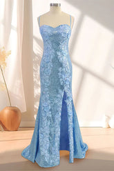 Blue Mermaid Spaghetti Strap Long Prom Dress with Slit