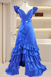 Blue A Line Backless V-Neck Ruffle Prom Dress with High Slit