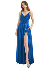 Blue A-Line V-Neck Long Bridesmaid Dress With High Slit