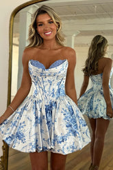 Blue Floral A Line Short Corset Homecoming Dress with Appliques