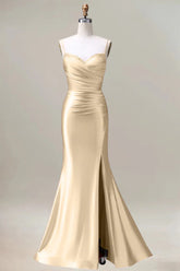 Champagne Mermaid Spaghetti Straps Pleated Lace Up Satin Prom Dress with Slit