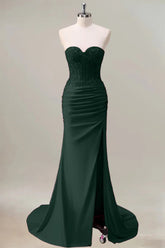 Glitter Dark Green Mermaid Strapless Ruched Corset Long Prom Dress With Slit