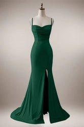 Sparkly Dark Green Mermaid Spaghetti Straps Long Prom Dress with Slit