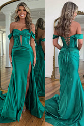 Emerald Green Mermaid Off the Shoulder Corset Long Prom Dress with Slit
