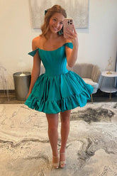Emerald Green Off the Shoulder Satin Short Homecoming Dress To Impress