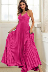 Fuchsia A Line Spaghetti Straps Pleated Long Prom Dress