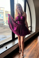 Fuchsia Cross Halter A Line Satin Short Homecoming Dress